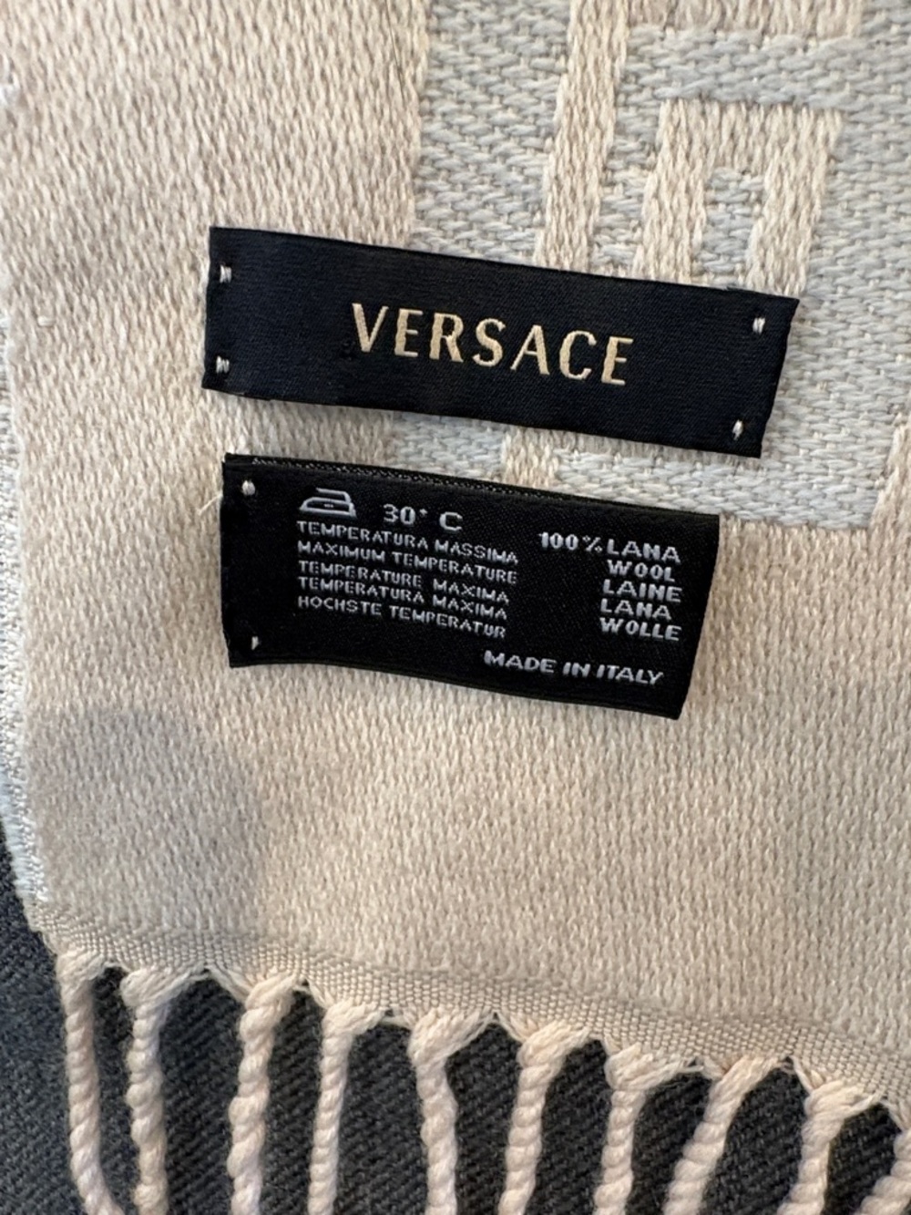 VERSACE Neutral Beige, Light Blue Fringe Scarf - Picture 3 of 5